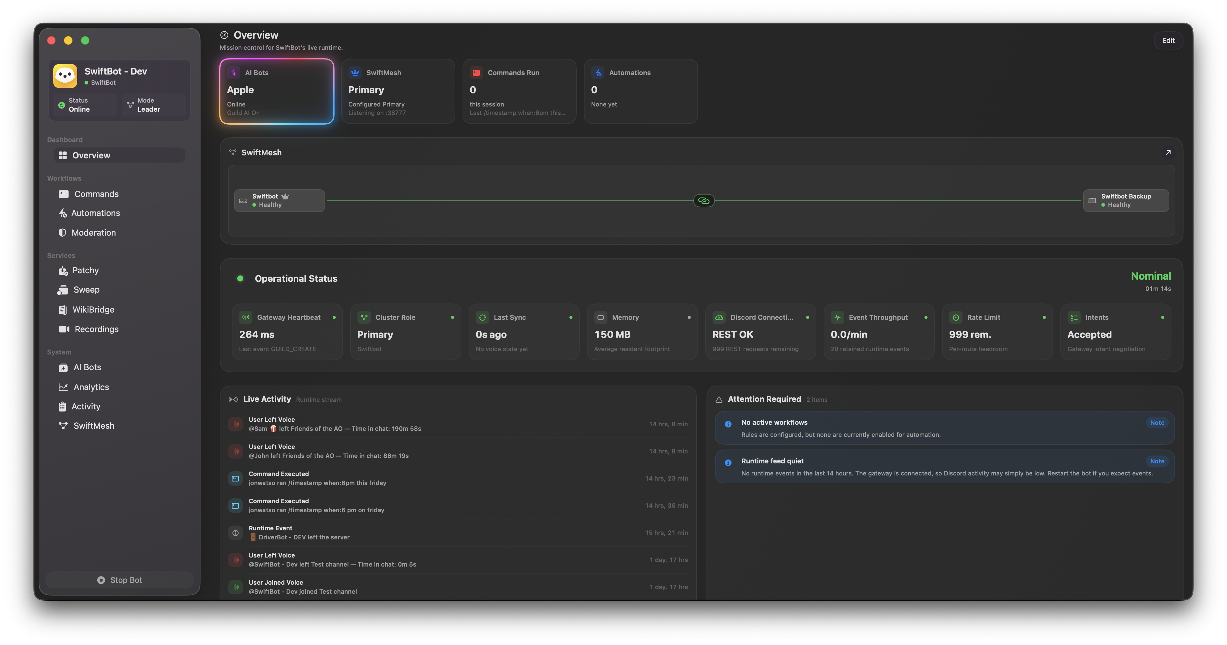 SwiftBot native macOS dashboard showing bot status, activity, and controls